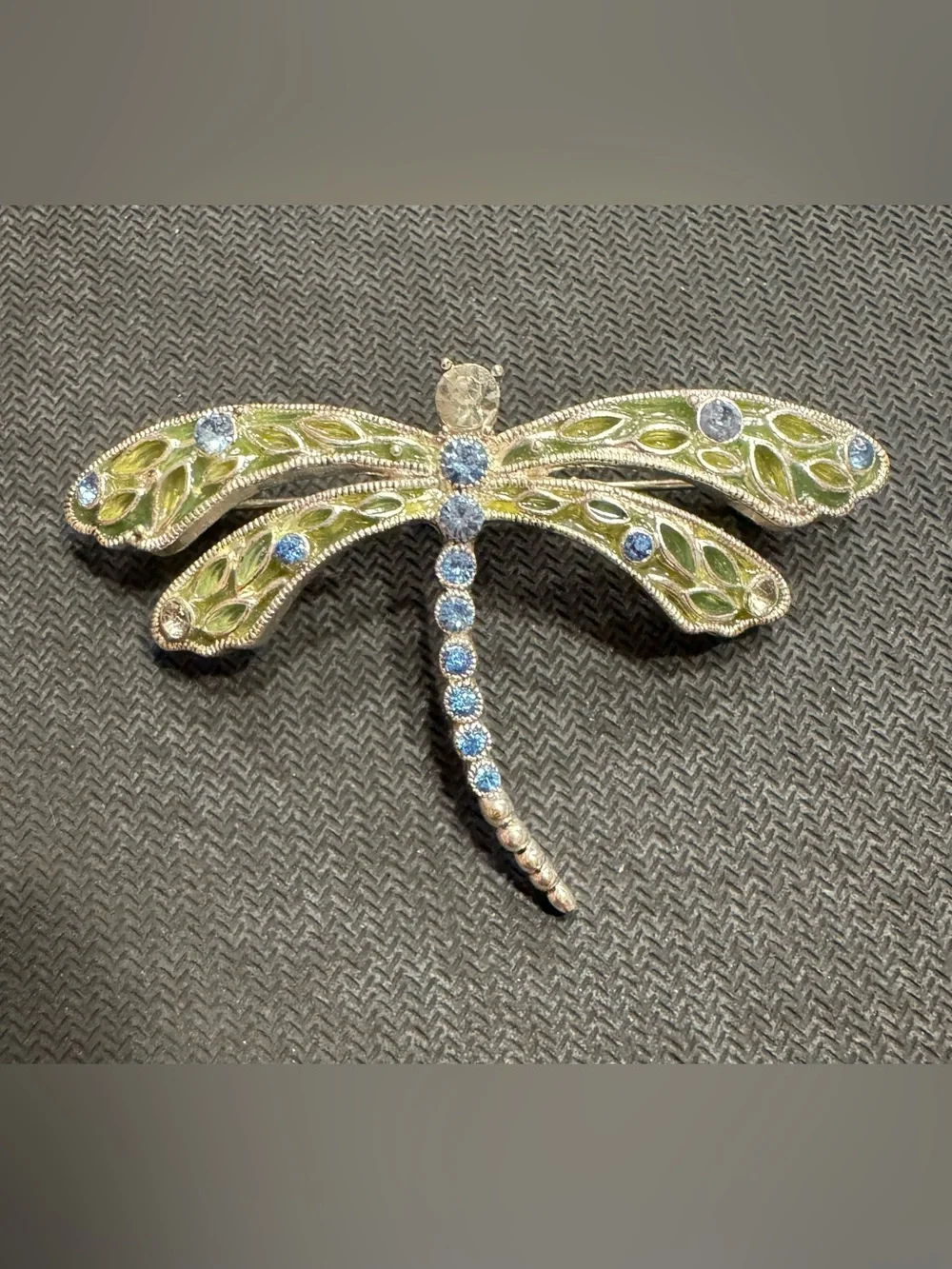 Vintage Silver Tone Dragonfly ft Light Blue Rhinestones & Pale Emerald Wings